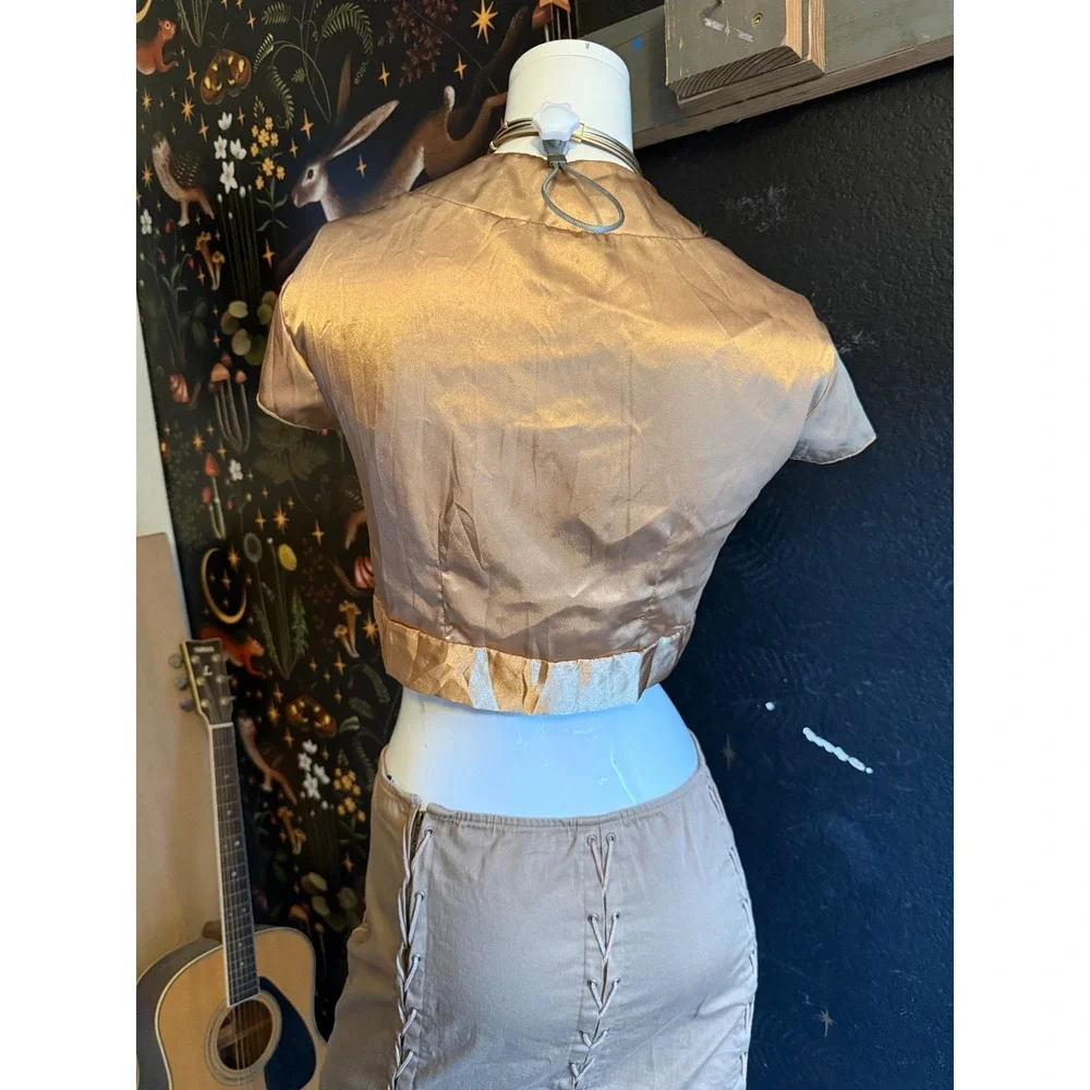 Dolled Up by FANG Bronze Gold Satin Embroidered Sequin Tie Front Crop Top Large
